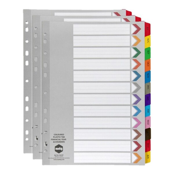 3x Marbig Financial Year Tab Coloured A4 Ring Binder Plastic Divider Organiser