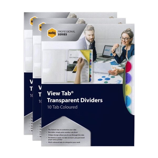 3x Marbig Pro PP 10-Tab Coloured A4 View Tab Binder Dividers Indices Organiser