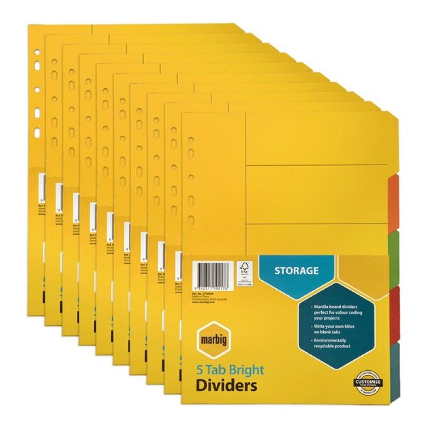 10x Marbig Brights 5-Tab Manilla A4 File Ring Binder Divider Index Organiser