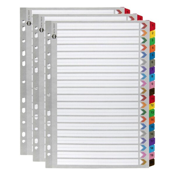 3x Marbig 1-20 Tab Coloured A4 Ring Binder Plastic Divider File/Page Organiser