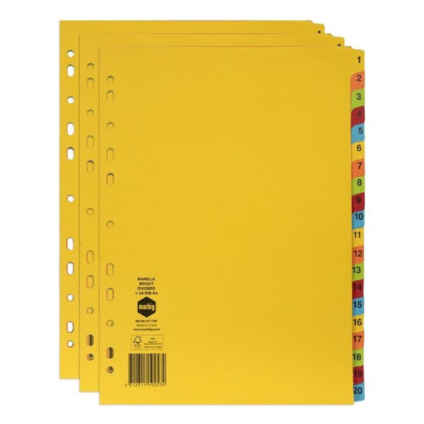 3x Marbig Brights 1-20 Tab Manilla A4 Ring Binder Divider Indices Page Organiser