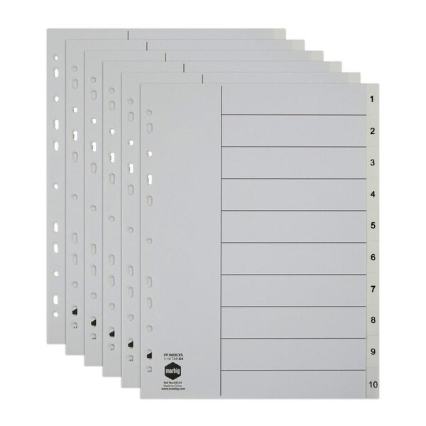 6x Marbig PP 1-10 Tab A4 Lever Arch/Binder Divider/Indices Filing Document White