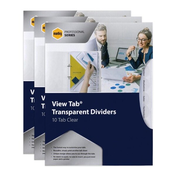 3x Marbig Pro 10 View Tab A4 Lever Arch/Binder Dividers Document Filing Clear