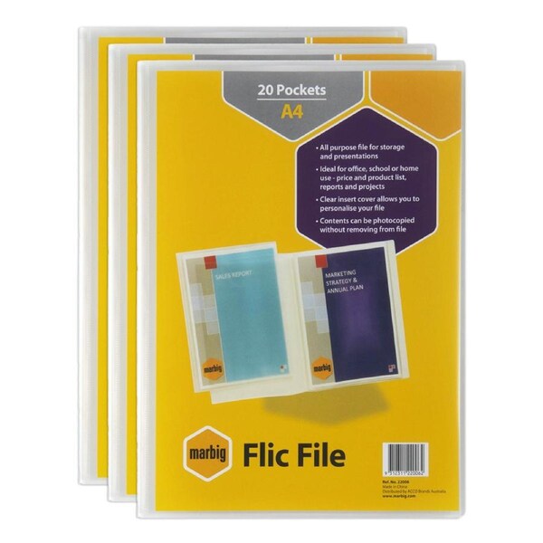 3x Marbig Flic File 20-Pocket A4 Display Book w/ Insert Cover Paper Holder Clear
