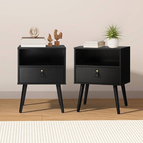 Oikiture 2 X Bedside Tables Side Table w/ Leather Handle Black