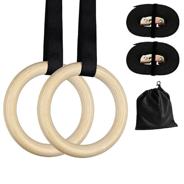 Wooden Gymnastic Olympic Rings With Adjustable Straps Fitness Strength Training - 2x