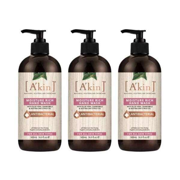 3 x A'kin Moisture Rich Hand Wash Antibacterial 500mL