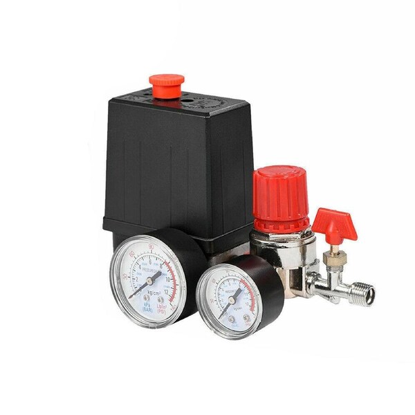 Air Compressor Pressure Valve Kit With Switch - 90-120PSI Adjustable With 2 Gauges