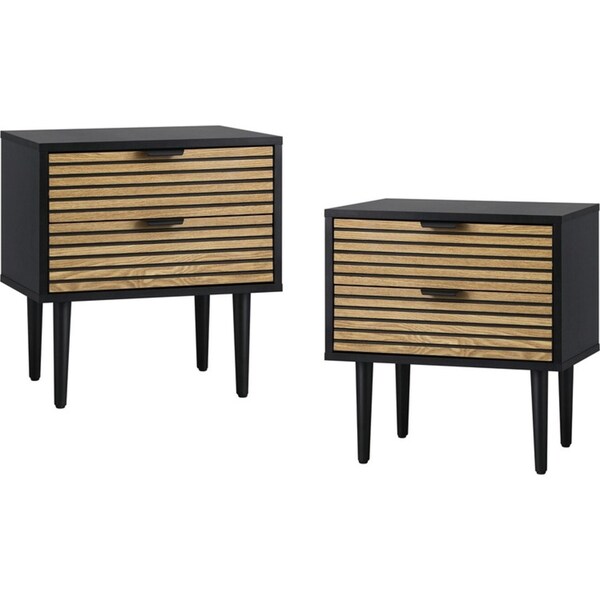 Oikiture 2PCS Bedside Table 2 Drawers Side Table Storage Unit Black