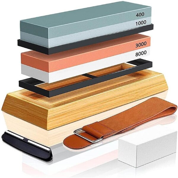 Knife Sharpening Stone Set - 2-Sided Grit 400/1000 3000/8000 Kitchen Sharpener with Non-Slip Base, Bamboo Base