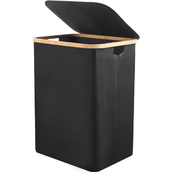 Large Bamboo & Canvas Laundry Hamper - Collapsible with Lid, Handles & Liner