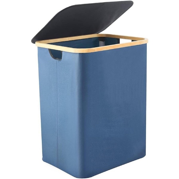 Folding Bamboo & Canvas Laundry Hamper - Single Basket with Lid - Modern Collapsible Design - Blue