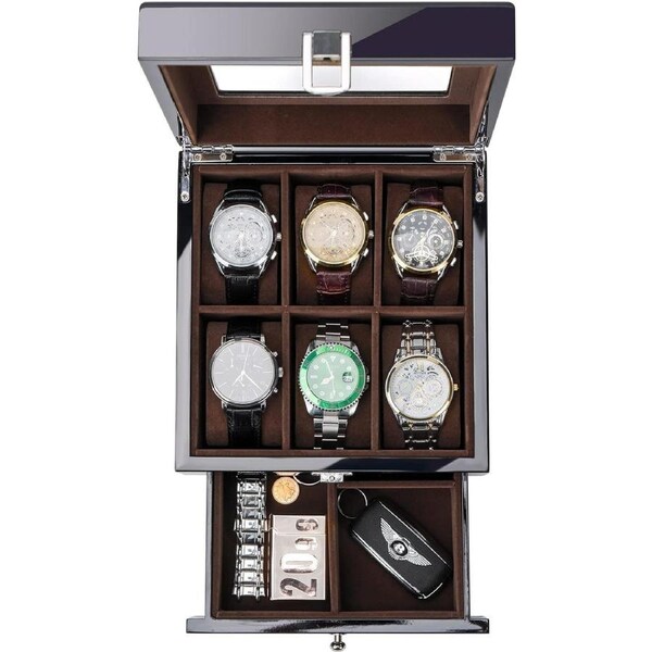 Men's Wooden Watch Box with Glass Top - 2-Tier Display for Wristwatch Storage
