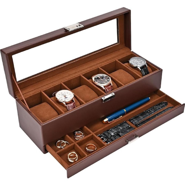 6 Slot Watch Box with Drawer and Glass Lid - Espresso