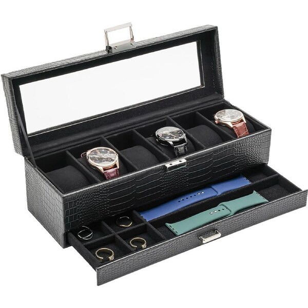 6 Slot Watch Box with Drawer and Glass Lid - Lizardblack