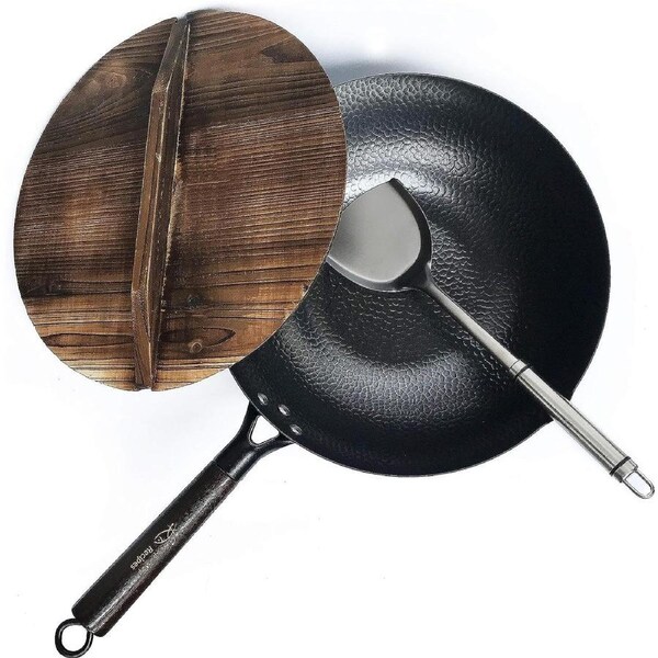 Carbon Steel Wok for Electric, Induction & Gas Stoves - Includes Lid, Spatula & Guide Video