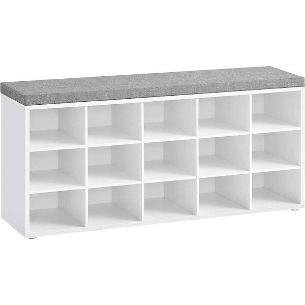 White and Gray Shoe Bench with Cushion and 15 Compartments for Entryway