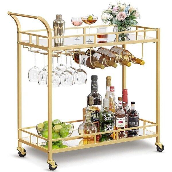 Gold Bar Cart with Mirrored Shelves and Wine Holders for Kitchen and Dining Room