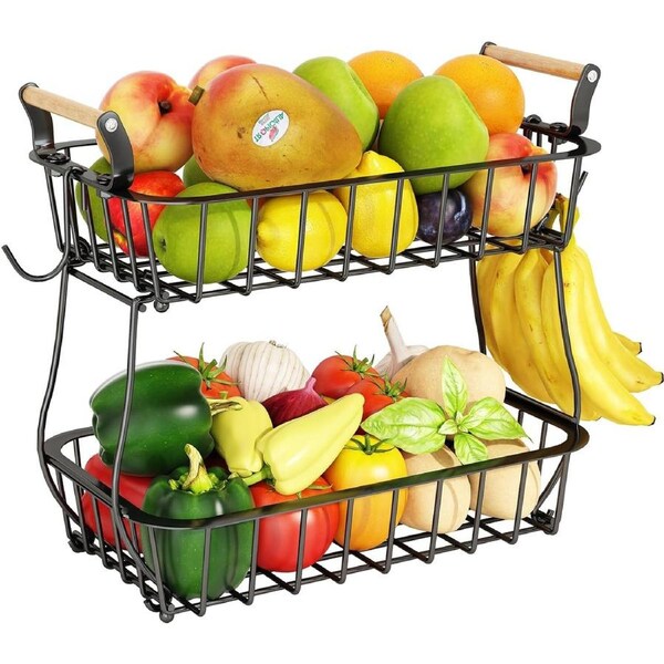 2 Tier Fruit Basket with Banana Hangers for Kitchen Countertop Storage