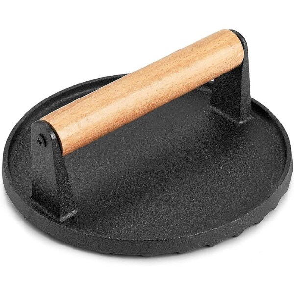 Cast Iron Grill Press Weight with Wooden Handle for Meat and Burgers