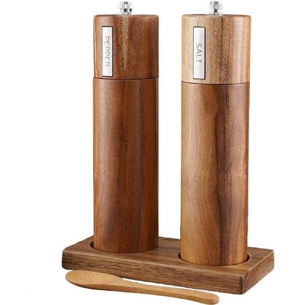Wooden Salt and Pepper Grinder Set with Tray and Spoon - Kitchen Hand Grinder