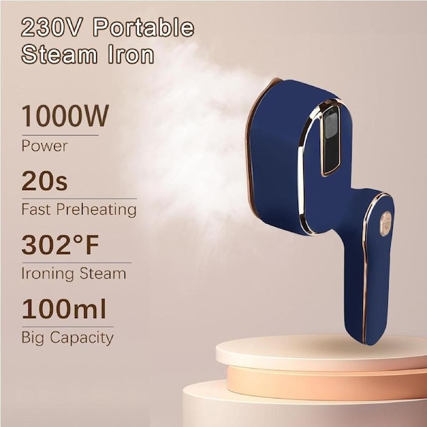 Portable Mini Ironing Machine, 180°Rotatable Handheld Steam Iron, Travel Garment Steamer - Blue