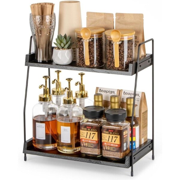 2 Tier Coffee Station Organizer for Countertop - Black