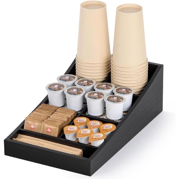 Wooden Coffee Bar Organizer for Home and Office - 7 Compartment Tray