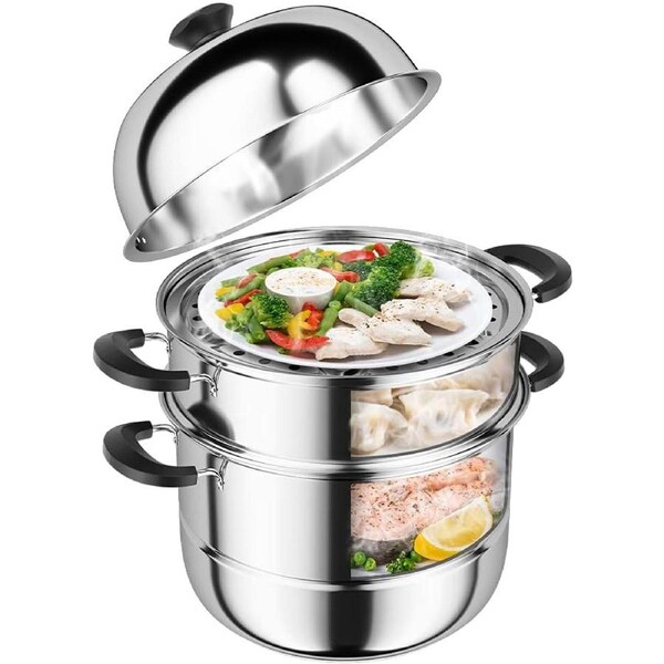 Stainless Steel 3-Tier Steamer Pot with Glass Lid - 10Qt Capacity
