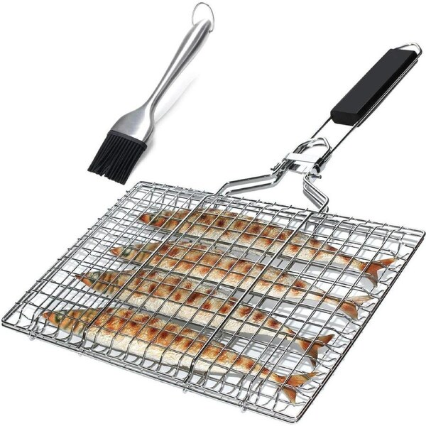 Portable Stainless Steel Fish Grill Basket with Basting Brush and Bag