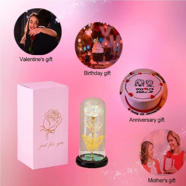 Preserved Glass Eternal Rose with LED Light - Birthday Gift for Women