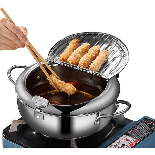 Japanese Tempura Deep Fryer with Thermometer and Drip Drainer Rack (20cm)