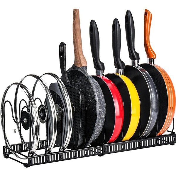 Expandable Pans Organizer Rack - 10 Compartments - Cookware Holder - Black
