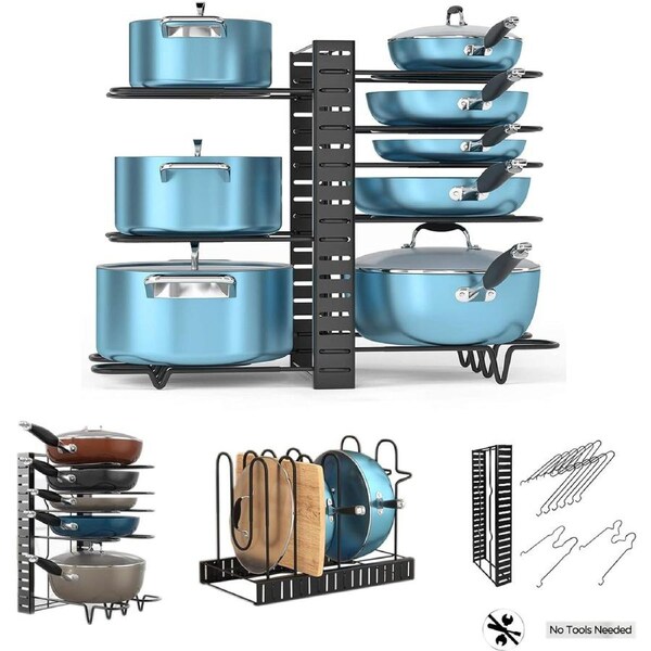 Adjustable Pot & Pan Rack for Kitchen Counter - 8 Tier Organizer (Black)