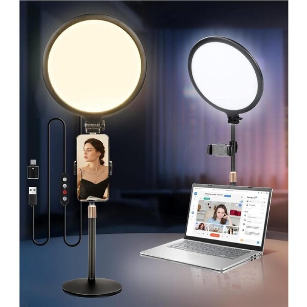 26cm Desktop Ring Light for Video Conference/Record, Dimmable with Stand & Phone Holder