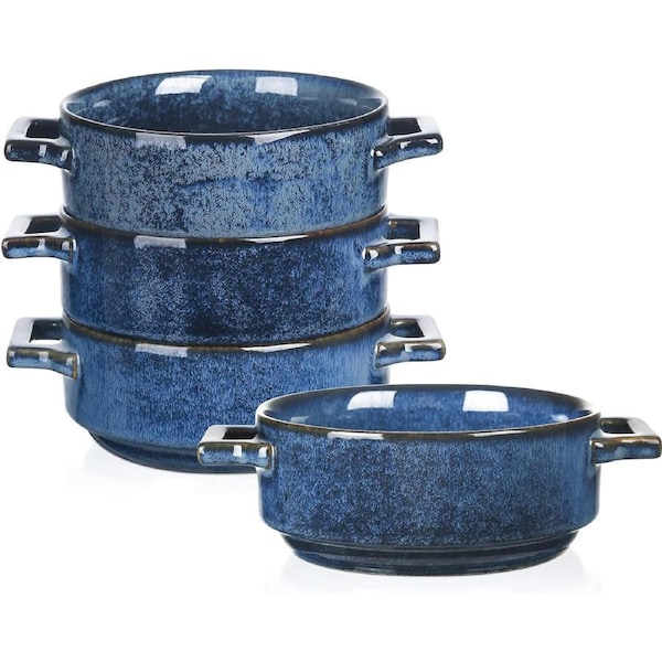 24 Oz Ceramic Soup Bowls with Handles for French Onion Soup, Set of 4 (Blue)