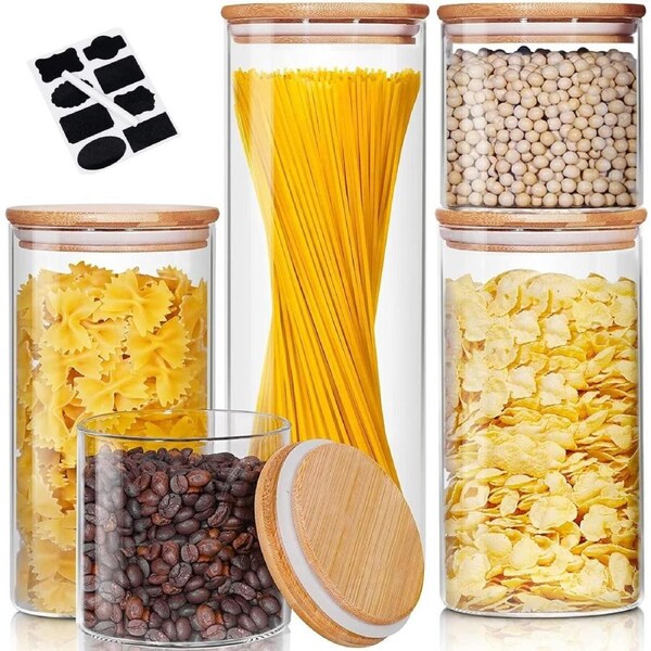 5 Pack Glass Food Storage Jars with Airtight Bamboo Lids for Kitchen & Pantry