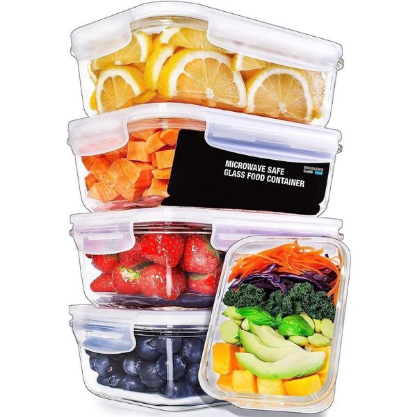 Transparent Glass Containers with Steam Vent Lids - Airtight Food Storage [5 Pack + 1 Lid]