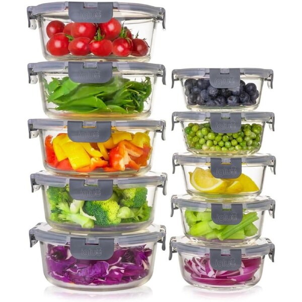Round Glass Containers with Lids - Airtight Food Storage - BPA-free Lunch Box (10 Containers & 10 Lids)