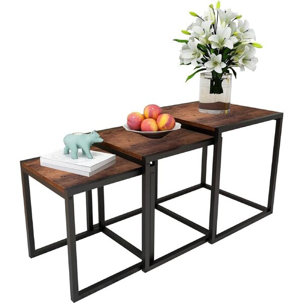 3-Piece Nesting Table Set for Living Room and Bedroom - Brown/Black