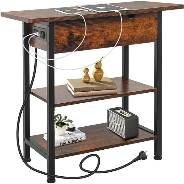 Upgraded Side Table with Charging Station, USB Ports, Outlets, Storage Shelf - Brown