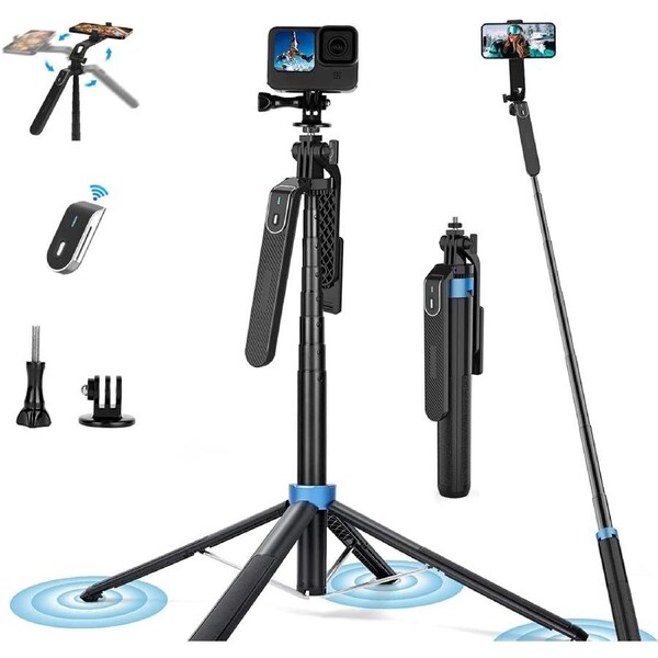 180cm Selfie Stick Tripod with Remote for iPhone/Android - Anti-Shake, Portable Stand for GoPro/Insta360