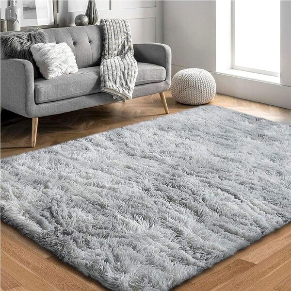 Soft Shag Area Rug, Anti-Skid Fluffy Fur, Grey White, 200x250cm
