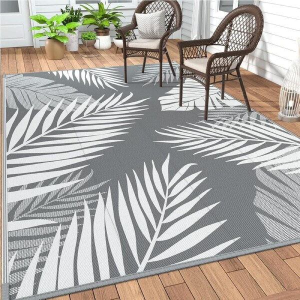 Waterproof Palm Leaf Outdoor Rug for Patios - Reversible Plastic Straw Camping Mat