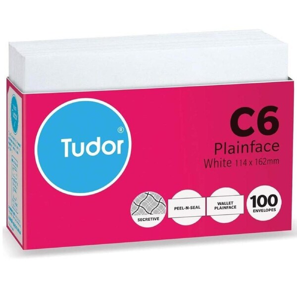 Tudor 140009 C6 White Peel and Seal Secretive Wallet Plainface Envelopes 353x250mm Pack 100