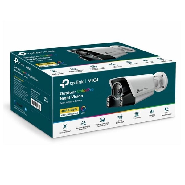 TP-Link VIGI 4MP C340S(4mm) Outdoor ColourPro Night Vision Bullet Network Camera, 4mm Lens, Smart Detection