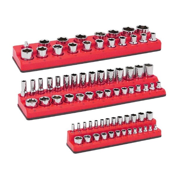 OZNALA 75 Slots Magnetic Socket Organizer 1/4" 3/8" 1/2" Drive Tray Tool 3PCS Metric Red