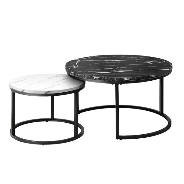 Oikiture Set of 2 Coffee Table Round Marble-like Nesting Side Tables Black White