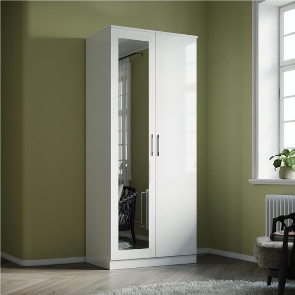 ELEGANT Large Storage Cupboard Furniture 2 Door Wardrobe with Mirror in White