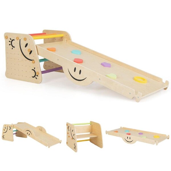 Costway Climb Playset Wooden Climbing Toy Triangle Climber Set w/See-saw/Slide/Dual-sided Ramp Indoor Gym Natural